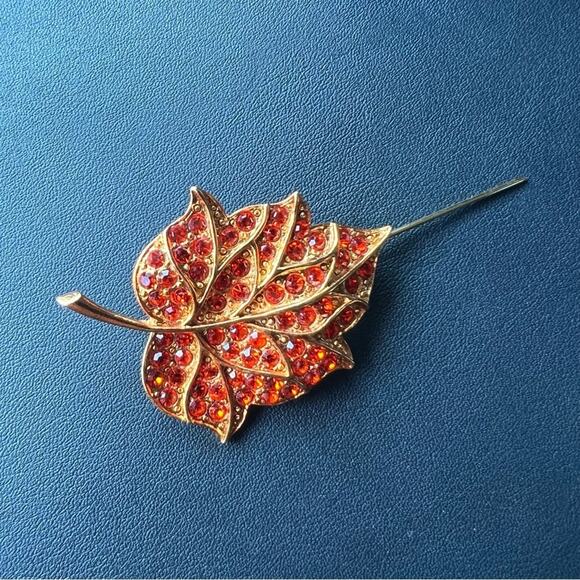 Rapallo rhinestone orange Autumn fall maple leaf designer signed brooch pin - Picture 5 of 9